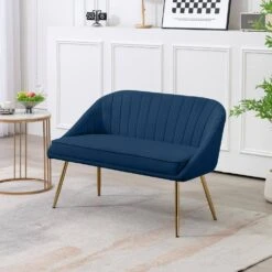 Modern 48 In. Golden Base Velvet Tufted 2-Seats Navy Loveseat Sofa For Living Room Furniture Sets