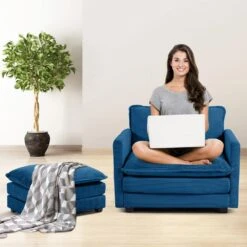 Modern Navy Corduroy Loveseat With Two Pillows For Living -More Furniture Store navy jearey loveseats e46sf 2 ny 31 1000