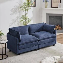 Modern 76.77 In. Navy Looped Velvet Loveseat With Two Pillows For Living -More Furniture Store navy jearey loveseats xes 5 navy 44 1000