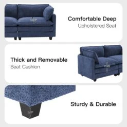 Modern 76.77 In. Navy Looped Velvet Loveseat With Two Pillows For Living -More Furniture Store navy jearey loveseats xes 5 navy 4f 1000