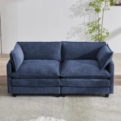 Modern 76.77 In. Navy Looped Velvet Loveseat With Two Pillows For Living