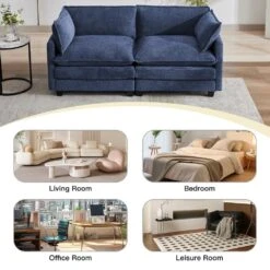 Modern 76.77 In. Navy Looped Velvet Loveseat With Two Pillows For Living -More Furniture Store navy jearey loveseats xes 5 navy fa 1000
