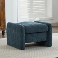 Navy Chenille Wood Comfort Outdoor And Indoor Ottoman For Couch And Accent Chair
