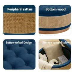 Navy Linen Tufted Rattan Round Storage Ottoman For Bedroom And Living Room 15 Navy Linen Tufted Rattan Round Storage Ottoman For Bedroom And Living Room -More Furniture Store navy jearey ottomans xgjd navy 1f 1000