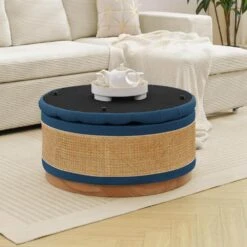 Navy Linen Tufted Rattan Round Storage Ottoman For Bedroom And Living Room 19 Navy Linen Tufted Rattan Round Storage Ottoman For Bedroom And Living Room -More Furniture Store navy jearey ottomans xgjd navy 31 1000