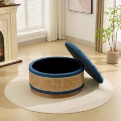 Navy Linen Tufted Rattan Round Storage Ottoman For Bedroom And Living Room 16 Navy Linen Tufted Rattan Round Storage Ottoman For Bedroom And Living Room -More Furniture Store navy jearey ottomans xgjd navy 44 1000