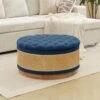 Navy Linen Tufted Rattan Round Storage Ottoman For Bedroom And Living Room
