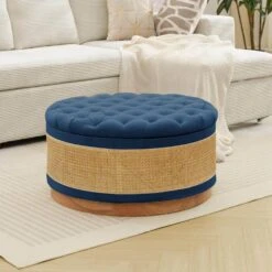 Navy Linen Tufted Rattan Round Storage Ottoman For Bedroom And Living Room