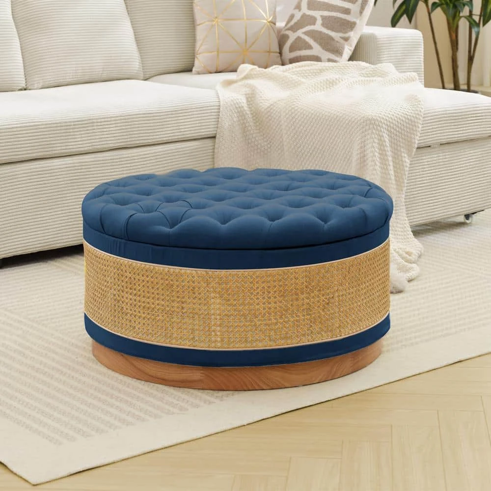 Navy Linen Tufted Rattan Round Storage Ottoman For Bedroom And Living Room 1 Navy Linen Tufted Rattan Round Storage Ottoman For Bedroom And Living Room