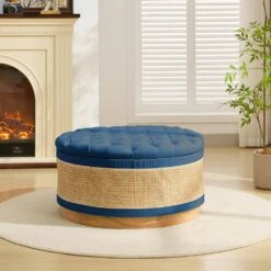 Navy Linen Tufted Rattan Round Storage Ottoman For Bedroom And Living Room 12 Navy Linen Tufted Rattan Round Storage Ottoman For Bedroom And Living Room -More Furniture Store navy jearey ottomans xgjd navy 66 1000