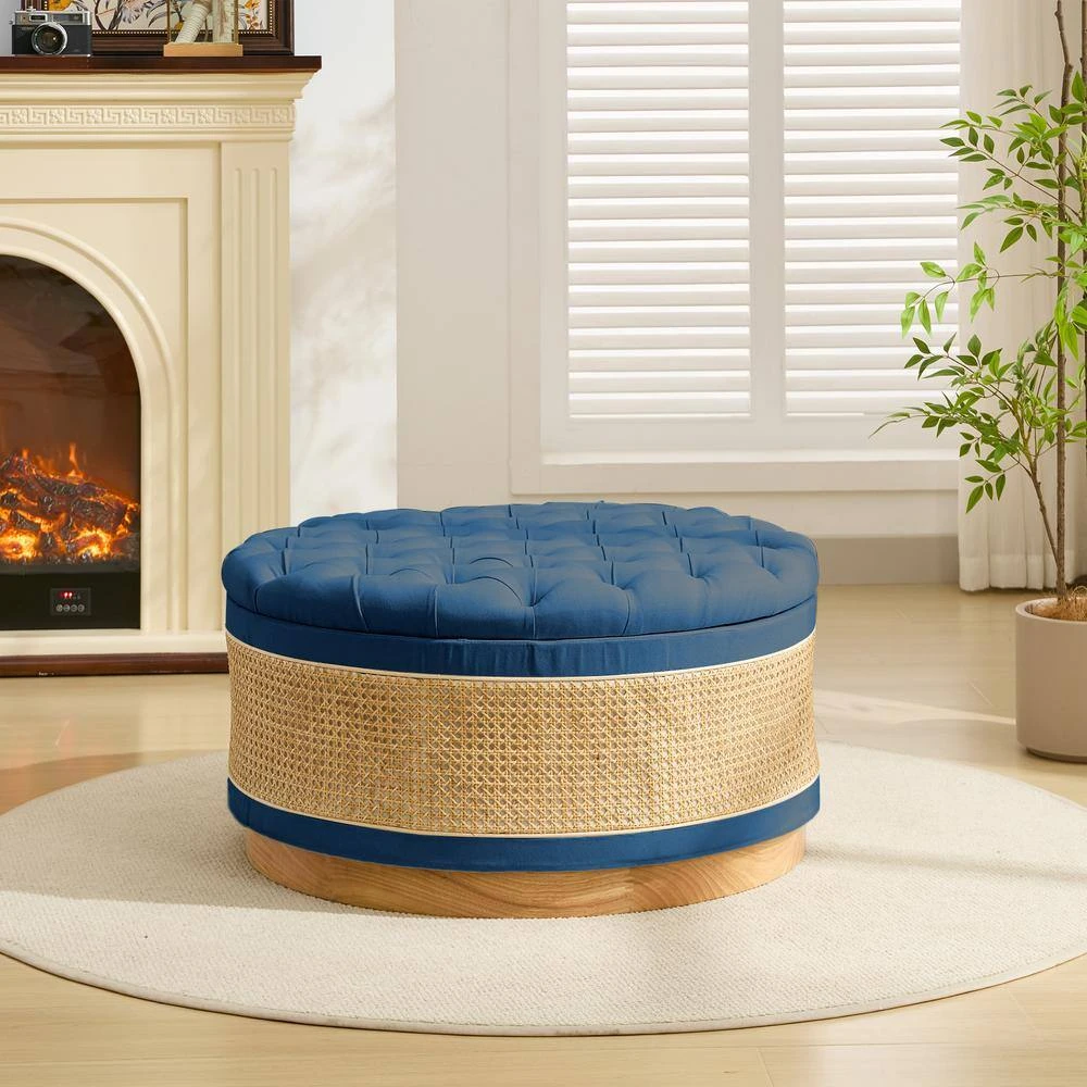 Navy Linen Tufted Rattan Round Storage Ottoman For Bedroom And Living Room 3 Navy Linen Tufted Rattan Round Storage Ottoman For Bedroom And Living Room - Image 3