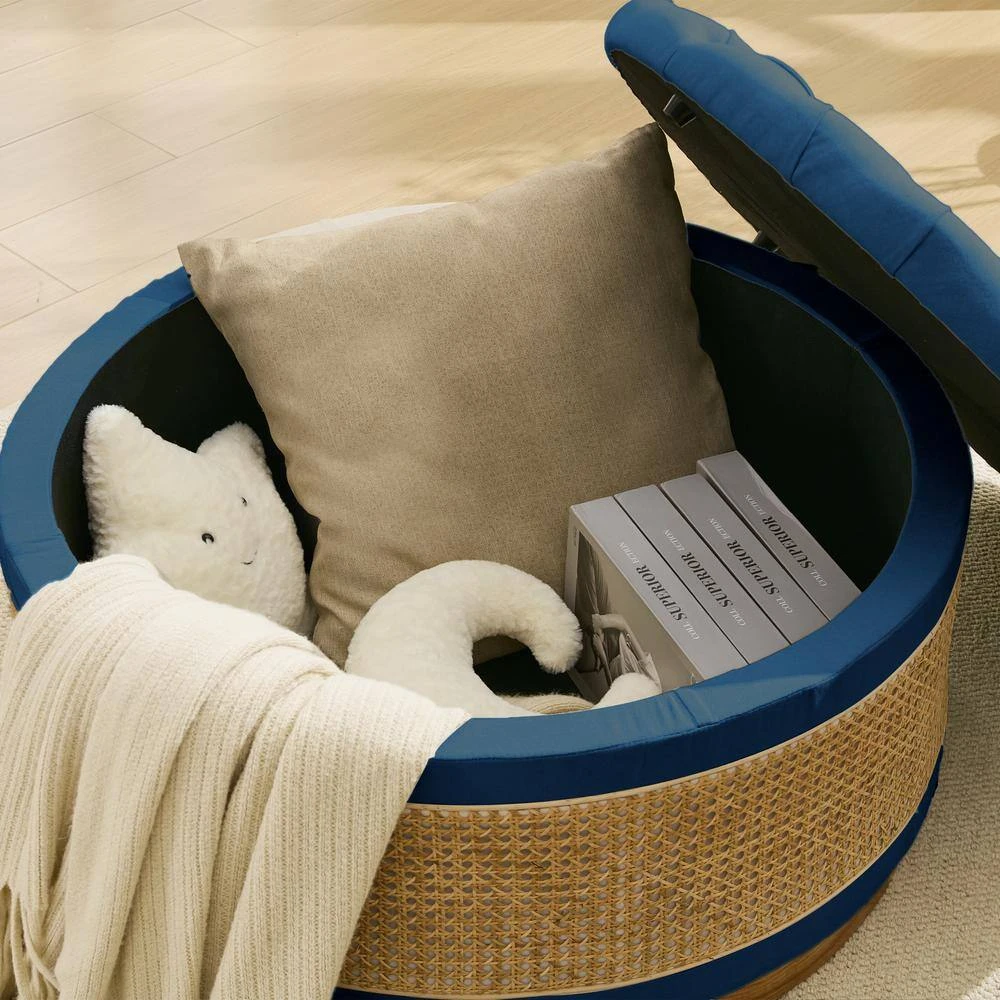 Navy Linen Tufted Rattan Round Storage Ottoman For Bedroom And Living Room 9 Navy Linen Tufted Rattan Round Storage Ottoman For Bedroom And Living Room - Image 9