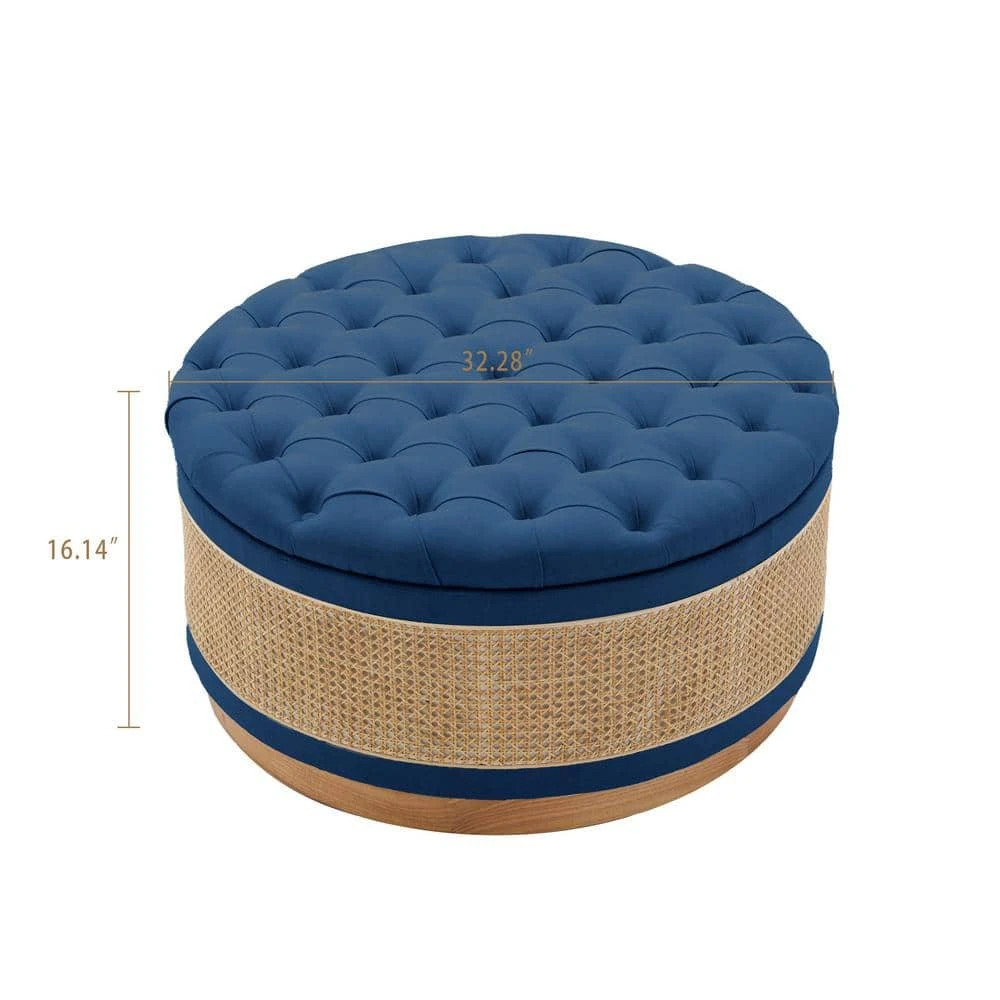 Navy Linen Tufted Rattan Round Storage Ottoman For Bedroom And Living Room 2 Navy Linen Tufted Rattan Round Storage Ottoman For Bedroom And Living Room - Image 2