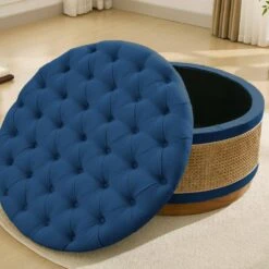 Navy Linen Tufted Rattan Round Storage Ottoman For Bedroom And Living Room 17 Navy Linen Tufted Rattan Round Storage Ottoman For Bedroom And Living Room -More Furniture Store navy jearey ottomans xgjd navy fa 1000
