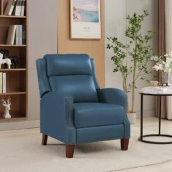 Classic Vintage Cigar Navy Hand Push Leather Recliner With Nailhead Trim