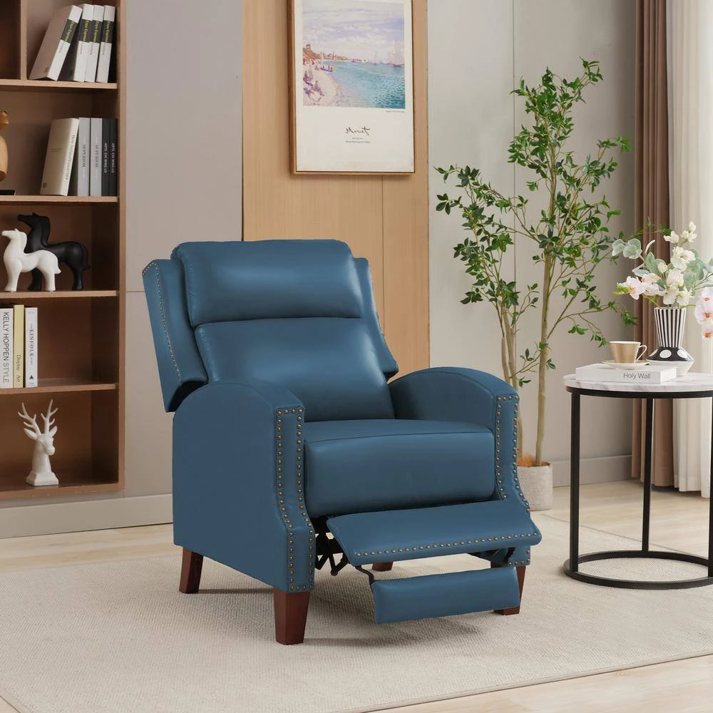 Classic Vintage Cigar Navy Hand Push Leather Recliner With Nailhead Trim 8 Classic Vintage Cigar Navy Hand Push Leather Recliner With Nailhead Trim - Image 8