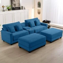 Laibai 111.81 In. Square Arm 4-Piece Velvet Modular Sectional Sofa In Navy With Cup Holder And Ottoman -More Furniture Store navy jearey sectional sofas dxrabcd navy c3 1000