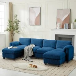 114.96 In Corduroy Modular U-Shaped Navy Sectional Sofa With 2-Ottomans For Living Room And Spacious Space -More Furniture Store navy jearey sectional sofas dxrzjsf6 navy 1f 1000