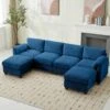 114.96 In Corduroy Modular U-Shaped Navy Sectional Sofa With 2-Ottomans For Living Room And Spacious Space