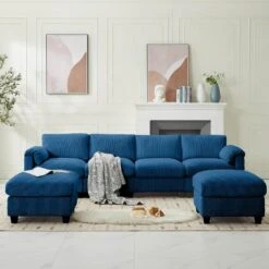 114.96 In Corduroy Modular U-Shaped Navy Sectional Sofa With 2-Ottomans For Living Room And Spacious Space -More Furniture Store navy jearey sectional sofas dxrzjsf6 navy 76 1000