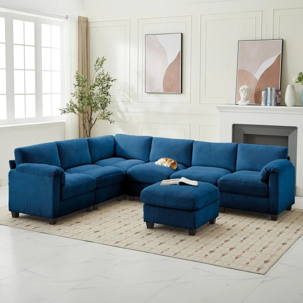 115 In. Corduroy Modular L-Shaped Navy 7-Seat Sectional Sofa For Living Room And Spacious Space 7 115 In. Corduroy Modular L-Shaped Navy 7-Seat Sectional Sofa For Living Room And Spacious Space - Image 7