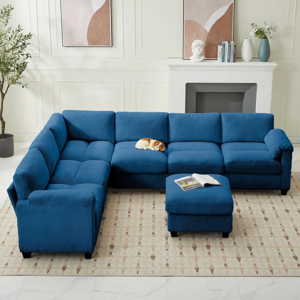 115 In. Corduroy Modular L-Shaped Navy 7-Seat Sectional Sofa For Living Room And Spacious Space 1 115 In. Corduroy Modular L-Shaped Navy 7-Seat Sectional Sofa For Living Room And Spacious Space