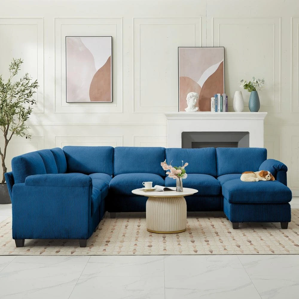 115 In. Corduroy Modular L-Shaped Navy 7-Seat Sectional Sofa For Living Room And Spacious Space 3 115 In. Corduroy Modular L-Shaped Navy 7-Seat Sectional Sofa For Living Room And Spacious Space - Image 3