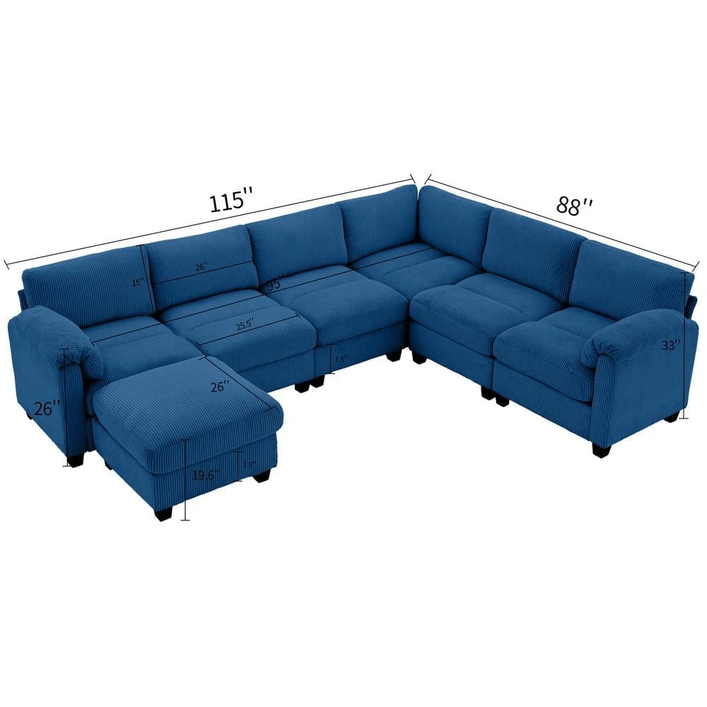 115 In. Corduroy Modular L-Shaped Navy 7-Seat Sectional Sofa For Living Room And Spacious Space 2 115 In. Corduroy Modular L-Shaped Navy 7-Seat Sectional Sofa For Living Room And Spacious Space - Image 2