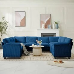 115 In. Corduroy Modular U-Shaped Navy 8-Seat Sectional Sofa For Living Room And Spacious Space -More Furniture Store navy jearey sectional sofas dxrzjsf8 navy 31 1000