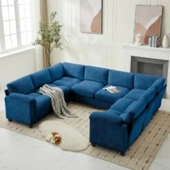 115 In. Corduroy Modular U-Shaped Navy 8-Seat Sectional Sofa For Living Room And Spacious Space