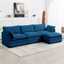 112 In. W 4-Piece Modern Straight Arm Corduroy Fabric L-Shaped Sectional Sofa With Ottoman In Navy -More Furniture Store navy jearey sectional sofas e46sf 3 ny 31 1000