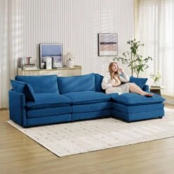 112 In. W 4-Piece Modern Straight Arm Corduroy Fabric L-Shaped Sectional Sofa With Ottoman In Navy -More Furniture Store navy jearey sectional sofas e46sf 3 ny 4f 1000