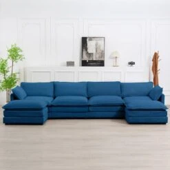 147 In. W 6-Piece Modern Fabric Sectional Sofa With Ottoman In Navy