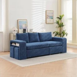 90.94 In. Navy Corduroy Upholstered L-Shaped Sleeper Sectional Sofa With Storage And Removable Ottomans For Living Room -More Furniture Store navy jearey sectional sofas lsbsf navy 31 1000
