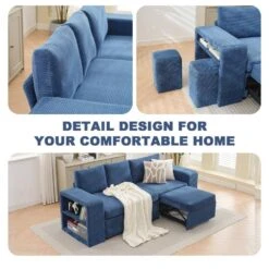 90.94 In. Navy Corduroy Upholstered L-Shaped Sleeper Sectional Sofa With Storage And Removable Ottomans For Living Room -More Furniture Store navy jearey sectional sofas lsbsf navy 44 1000