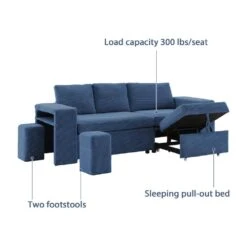 90.94 In. Navy Corduroy Upholstered L-Shaped Sleeper Sectional Sofa With Storage And Removable Ottomans For Living Room -More Furniture Store navy jearey sectional sofas lsbsf navy 4f 1000