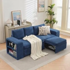 90.94 In. Navy Corduroy Upholstered L-Shaped Sleeper Sectional Sofa With Storage And Removable Ottomans For Living Room -More Furniture Store navy jearey sectional sofas lsbsf navy c3 1000