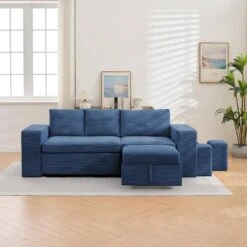 90.94 In. Navy Corduroy Upholstered L-Shaped Sleeper Sectional Sofa With Storage And Removable Ottomans For Living Room -More Furniture Store navy jearey sectional sofas lsbsf navy fa 1000