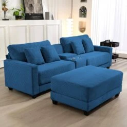 Laibai 111.81 In. Square Arm Velvet Modular 3-Piece Modern Sofa With Cup Holder And Ottoman In Navy -More Furniture Store navy jearey sofas couches dxrabc navy 1f 1000