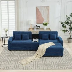 Laibai 111.81 In. Square Arm Velvet Modular 3-Piece Modern Sofa With Cup Holder And Ottoman In Navy -More Furniture Store navy jearey sofas couches dxrabc navy 44 1000