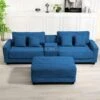 Laibai 111.81 In. Square Arm Velvet Modular 3-Piece Modern Sofa With Cup Holder And Ottoman In Navy