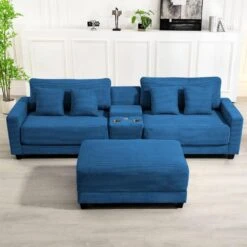 Laibai 111.81 In. Square Arm Velvet Modular 3-Piece Modern Sofa With Cup Holder And Ottoman In Navy