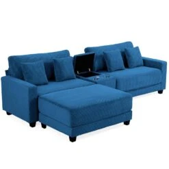 Laibai 111.81 In. Square Arm Velvet Modular 3-Piece Modern Sofa With Cup Holder And Ottoman In Navy -More Furniture Store navy jearey sofas couches dxrabc navy 66 1000