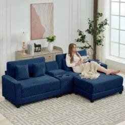 Laibai 111.81 In. Square Arm Velvet Modular 3-Piece Modern Sofa With Cup Holder And Ottoman In Navy -More Furniture Store navy jearey sofas couches dxrabc navy 76 1000