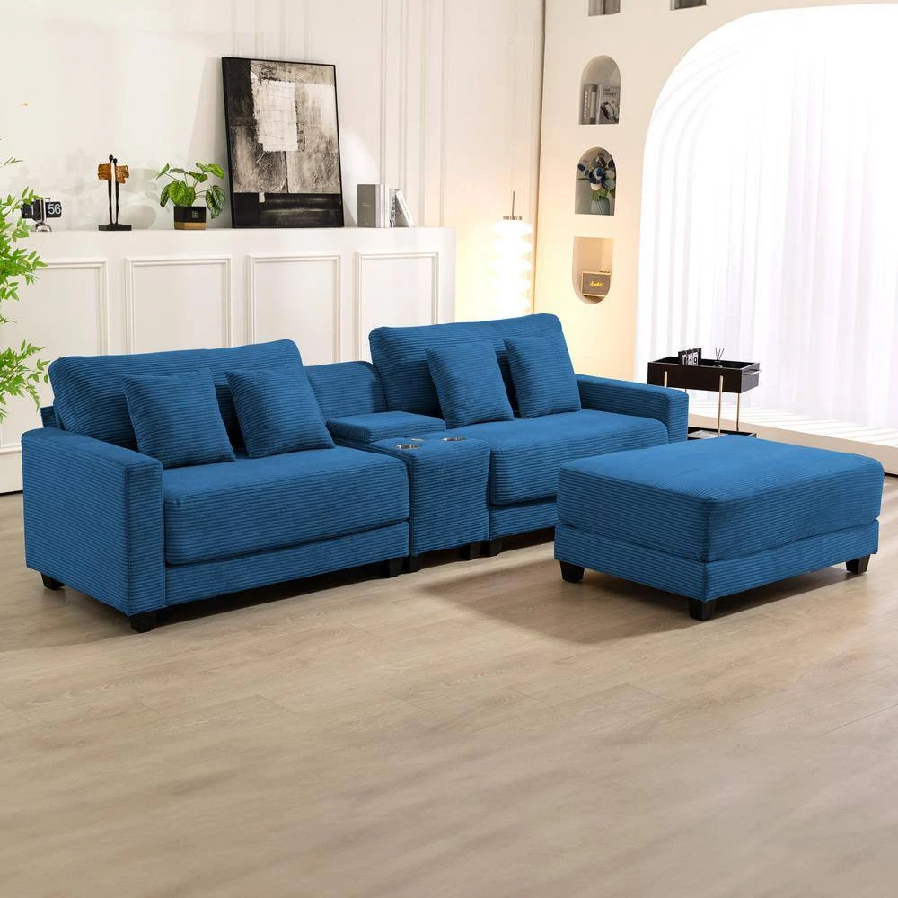 Laibai 111.81 In. Square Arm Velvet Modular 3-Piece Modern Navy Sofa With Cup Holder And Ottoman 6 Laibai 111.81 In. Square Arm Velvet Modular 3-Piece Modern Navy Sofa With Cup Holder And Ottoman - Image 6