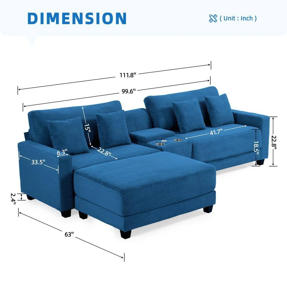 Laibai 111.81 In. Square Arm Velvet Modular 3-Piece Modern Navy Sofa With Cup Holder And Ottoman 2 Laibai 111.81 In. Square Arm Velvet Modular 3-Piece Modern Navy Sofa With Cup Holder And Ottoman - Image 2