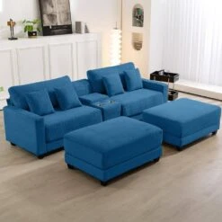 Laibai 111.81 In. Square Arm Velvet Modular 4-Piece Modern Navy Sofa With Cup Holder And Ottoman -More Furniture Store navy jearey sofas couches xdxrabcd navy 31 1000