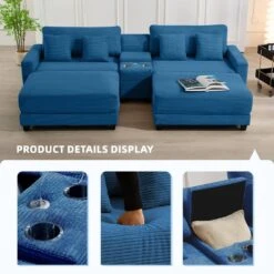 Laibai 111.81 In. Square Arm Velvet Modular 4-Piece Modern Navy Sofa With Cup Holder And Ottoman -More Furniture Store navy jearey sofas couches xdxrabcd navy 4f 1000