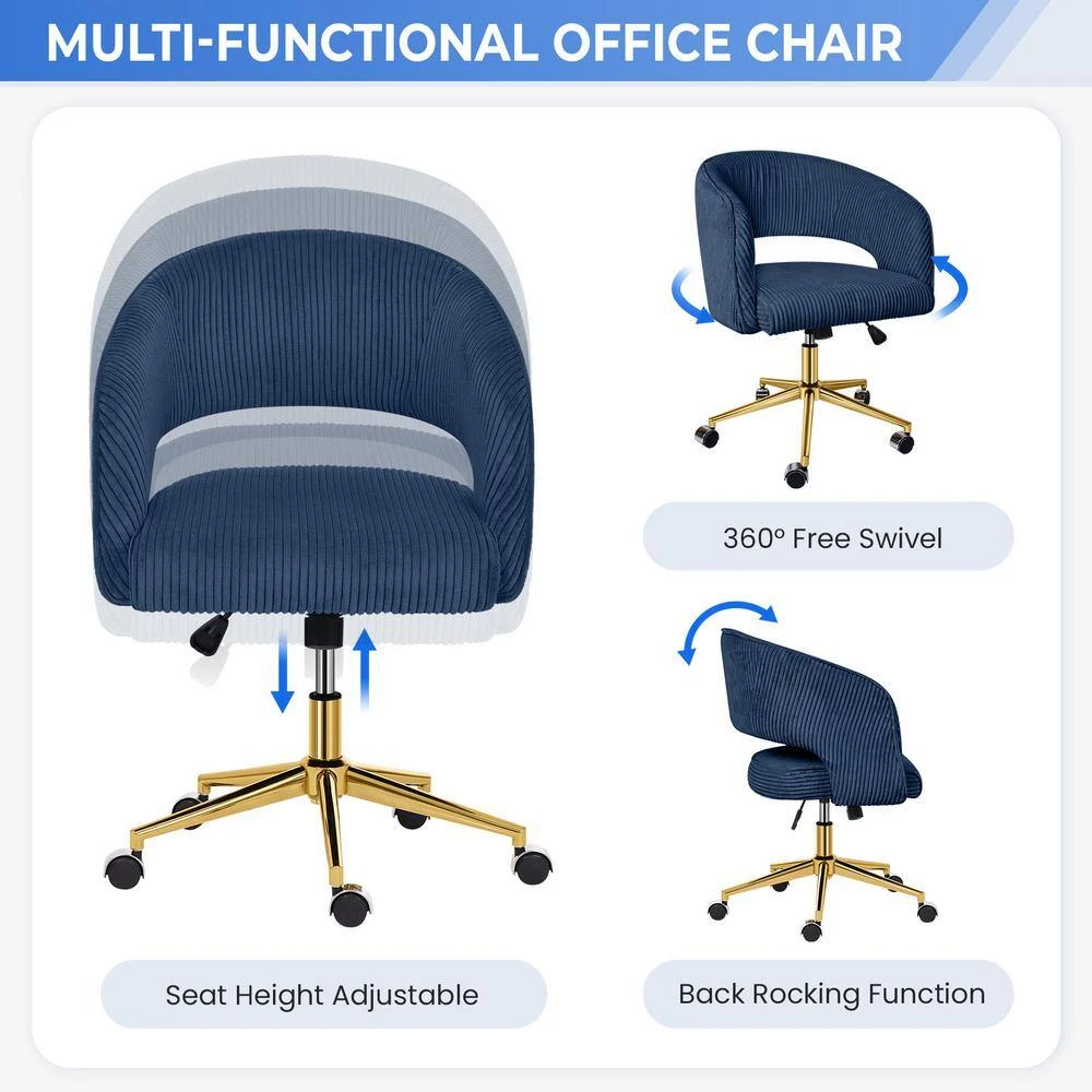 Navy Modern Swivel And Adjustable Task Chair Tufted Office Chair With Gold Base 2 Navy Modern Swivel And Adjustable Task Chair Tufted Office Chair With Gold Base - Image 2