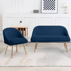 Atye 2 Piece Navy Living Room Velvet Loveseat And Accent Chair Set